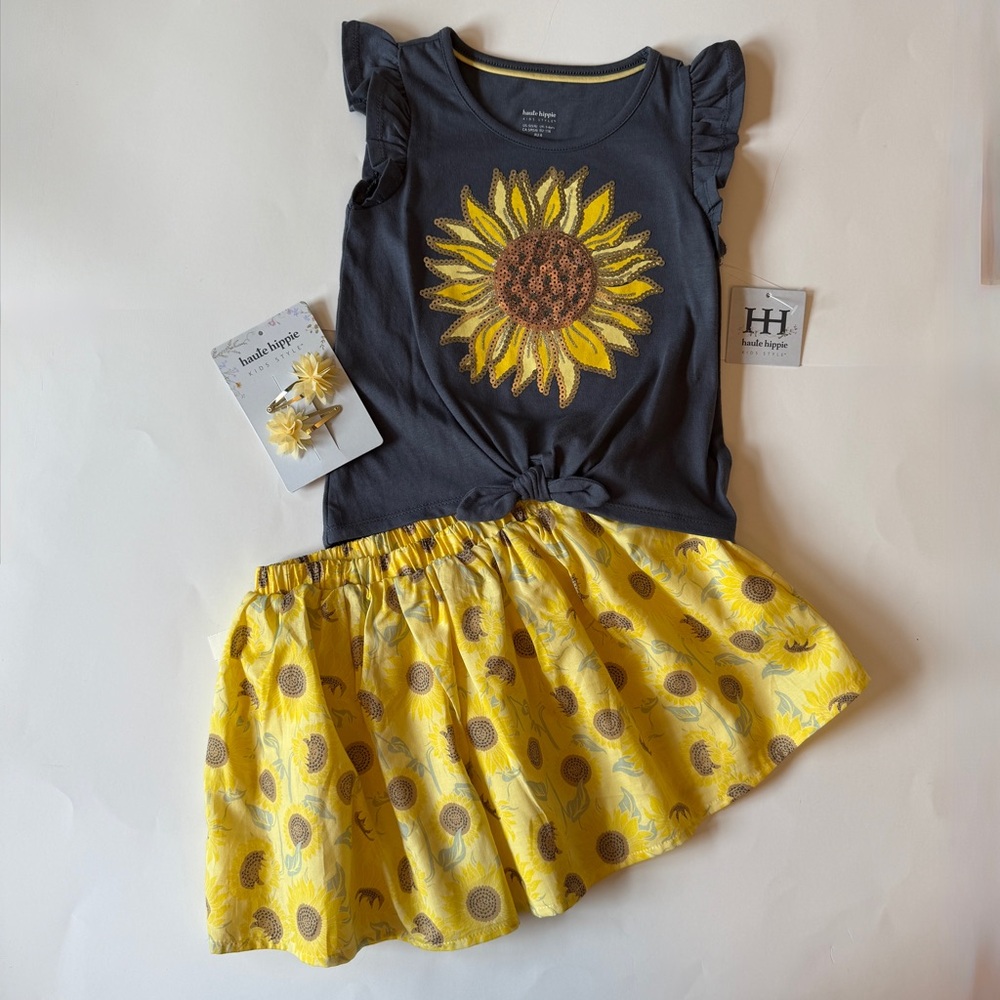 Sunflowers 2 pc Girls Cute top with Yellow Skirt and Hair Clips Size S(5/6) NWT